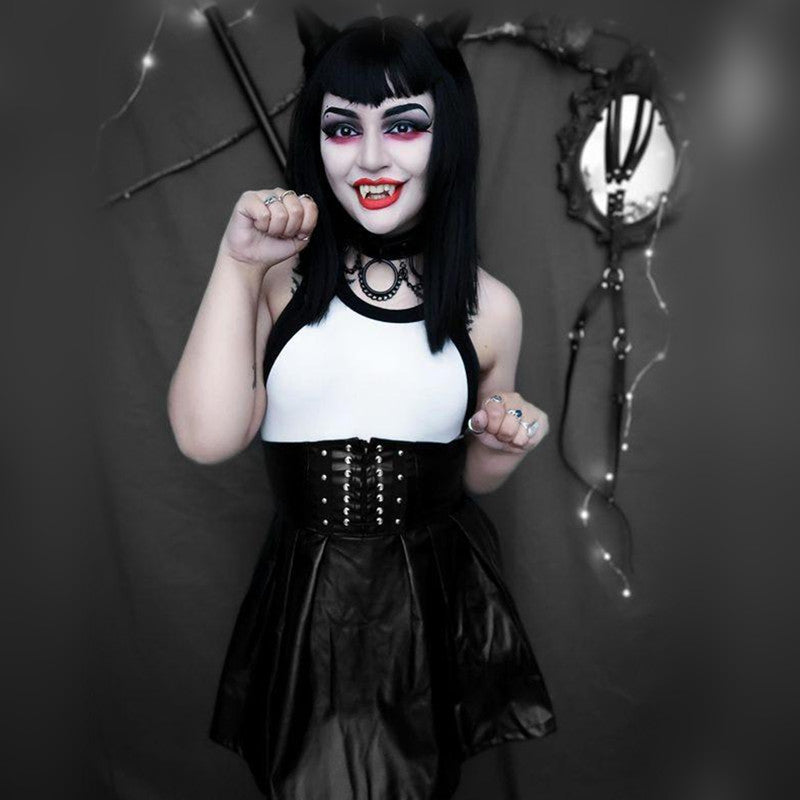 [@nightmarekittykat] "BLACK LACE-UP FAUX LEATHER HIGH WAIST PLEATED" SKIRT D052908