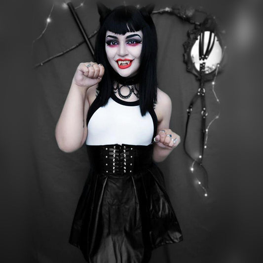 [@nightmarekittykat] "BLACK LACE-UP FAUX LEATHER HIGH WAIST PLEATED" SKIRT D052908