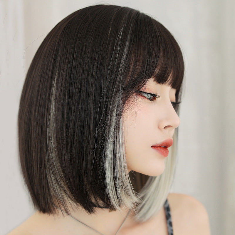 BEIGE BLACK NATURAL BANGS SHORT STRAIGHT WIG UB2566