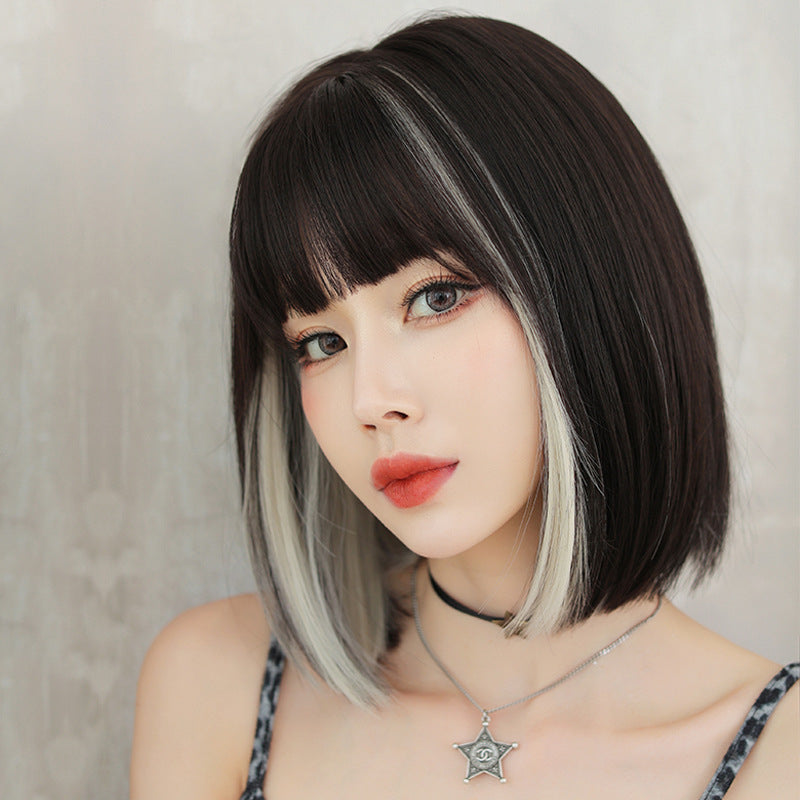 BEIGE BLACK NATURAL BANGS SHORT STRAIGHT WIG UB2566