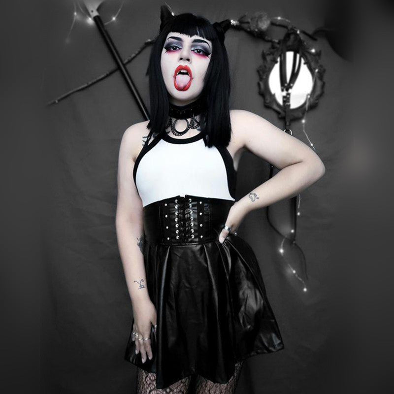 [@nightmarekittykat] "BLACK LACE-UP FAUX LEATHER HIGH WAIST PLEATED" SKIRT D052908