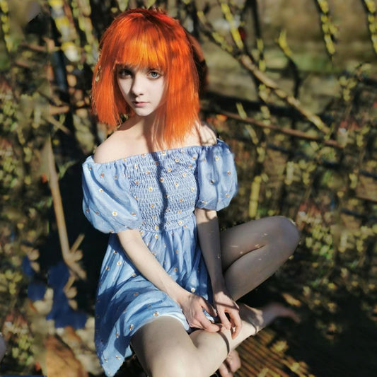 "DAISY EMBROIDERED PUFF SLEEVE MESH" DRESS N050601