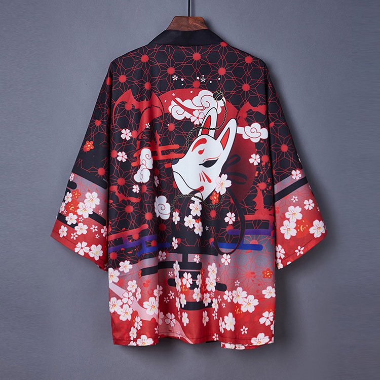 Vintage Fox Sakura Print Kimono Outerwear Sun Protective Cardigan UB7323
