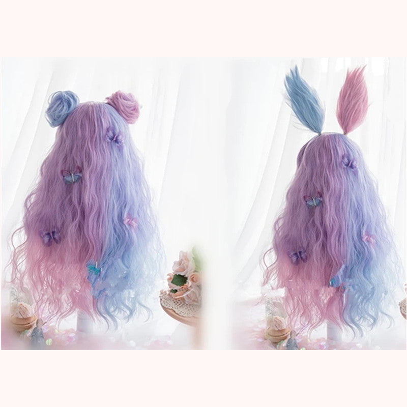 "BLUE PINK CANDY-COLOR LONG CURLY" WIG D051611