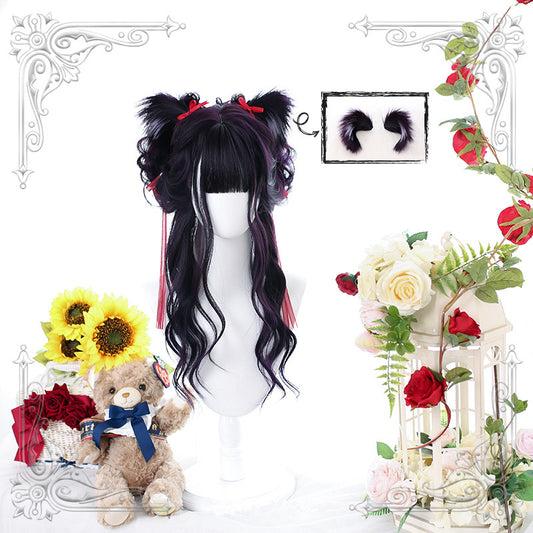 "BLACK DYED PURPLE BIG WAVE LONG CURLY" WIG WITH EARS D061506