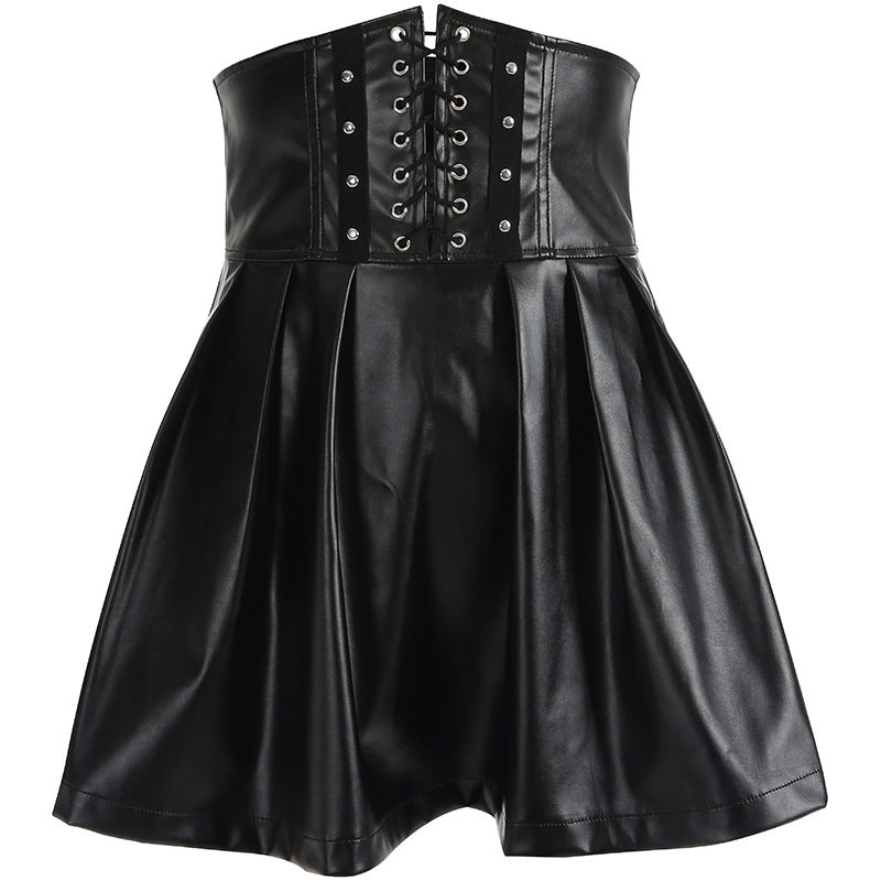 [@nightmarekittykat] "BLACK LACE-UP FAUX LEATHER HIGH WAIST PLEATED" SKIRT D052908