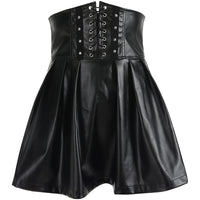 "BLACK LACE-UP FAUX LEATHER HIGH WAIST PLEATED" SKIRT D052908