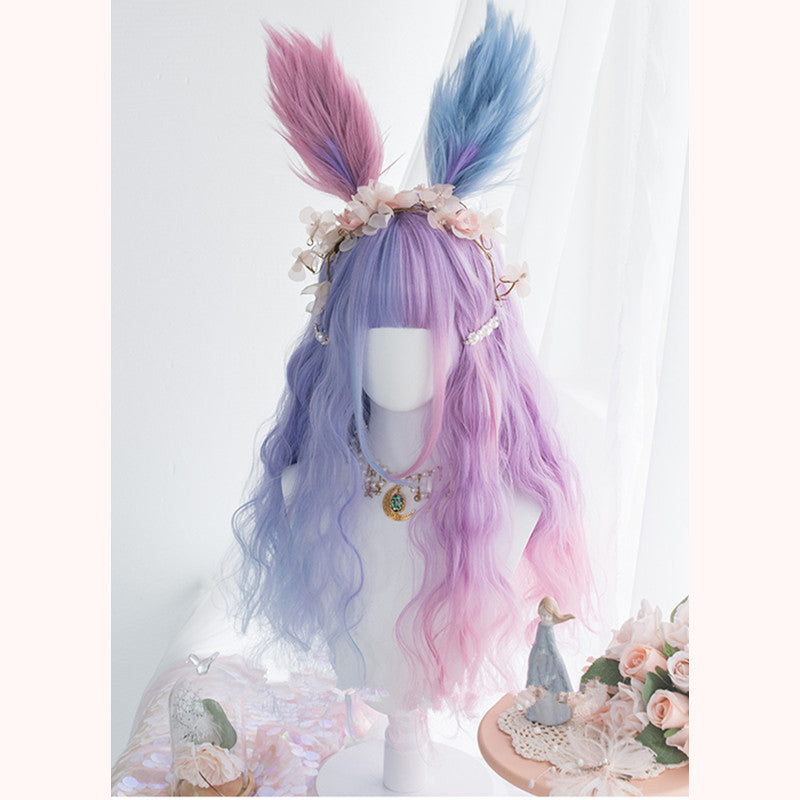 "BLUE PINK CANDY-COLOR LONG CURLY" WIG D051611