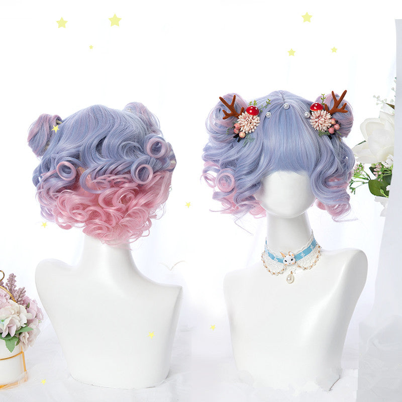 "BLUE PINK GRADIENT BANGS SHORT CURL" WIG D051603