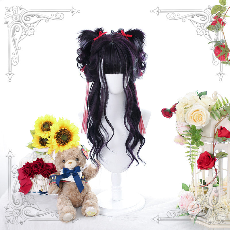 "BLACK DYED PURPLE BIG WAVE LONG CURLY" WIG WITH EARS D061506