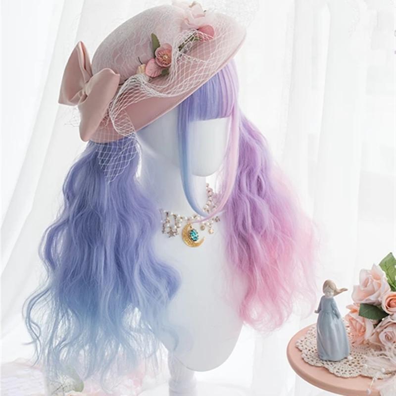 "BLUE PINK CANDY-COLOR LONG CURLY" WIG D051611
