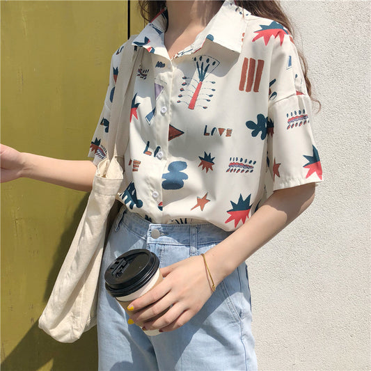 "GEOMETRIC CARTOON LOVE PRINTED SHORT-SLEEVED" SHIRT D052905