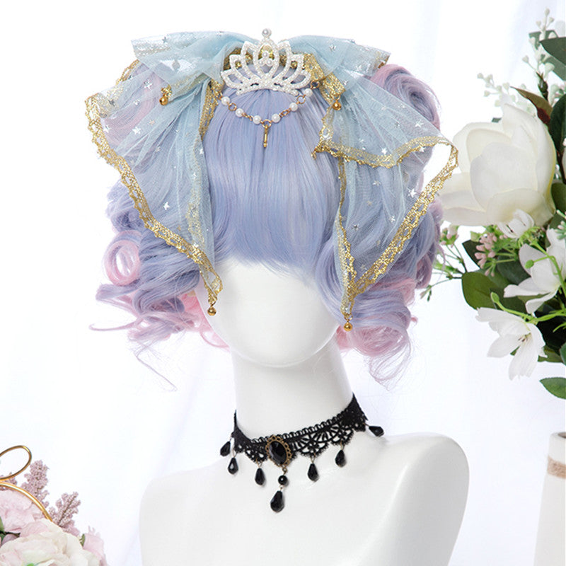 "BLUE PINK GRADIENT BANGS SHORT CURL" WIG D051603