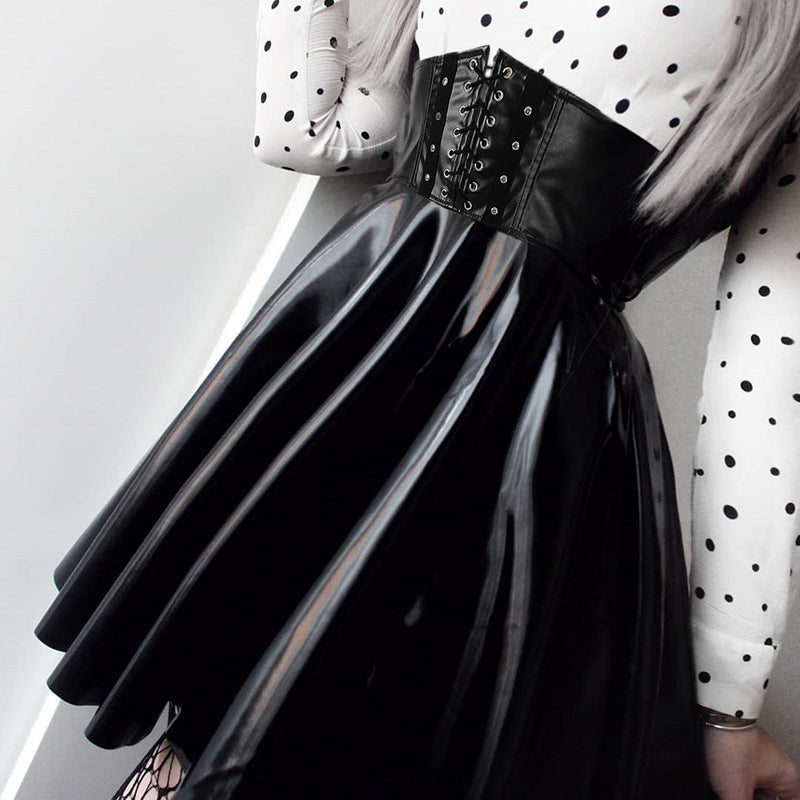 [@nightmarekittykat] "BLACK LACE-UP FAUX LEATHER HIGH WAIST PLEATED" SKIRT D052908