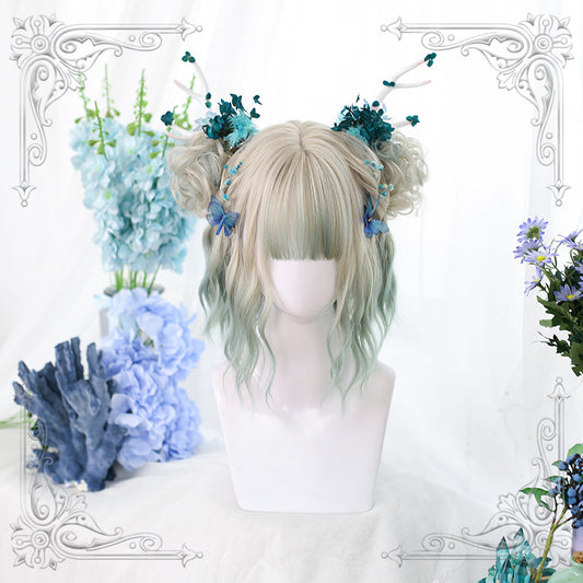 "BEIGE GRADIENT GREEN MICRO CURLY SHORT" WIG D061507