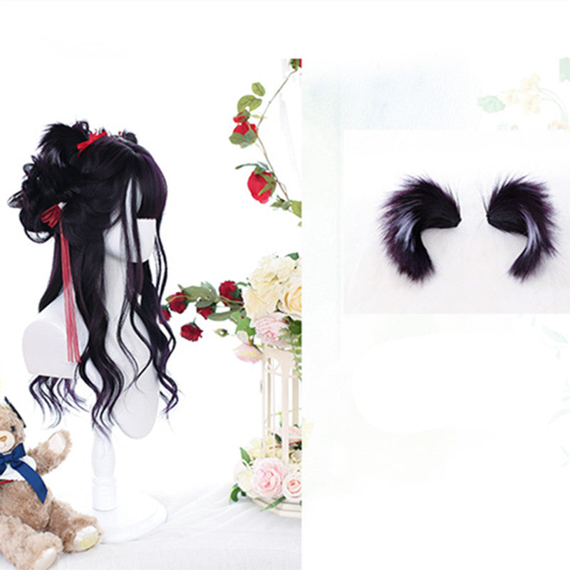 "BLACK DYED PURPLE BIG WAVE LONG CURLY" WIG WITH EARS D061506