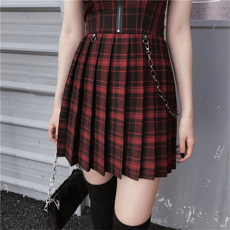 "RED BLACK PLAID PLEATED STRAP" DRESS D060503
