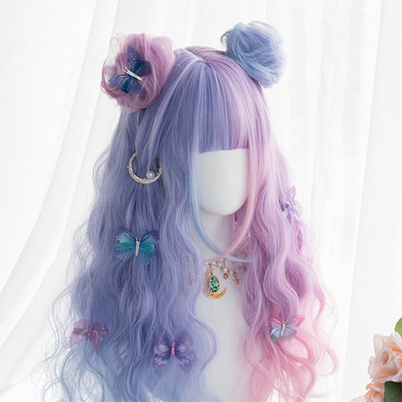 "BLUE PINK CANDY-COLOR LONG CURLY" WIG D051611