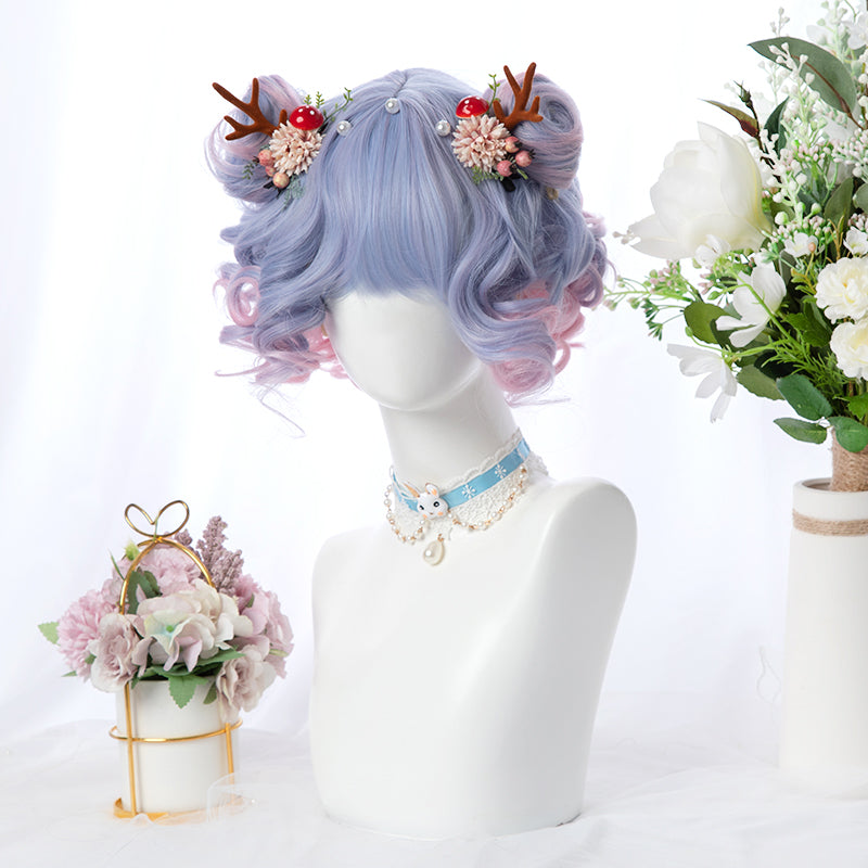 "BLUE PINK GRADIENT BANGS SHORT CURL" WIG D051603