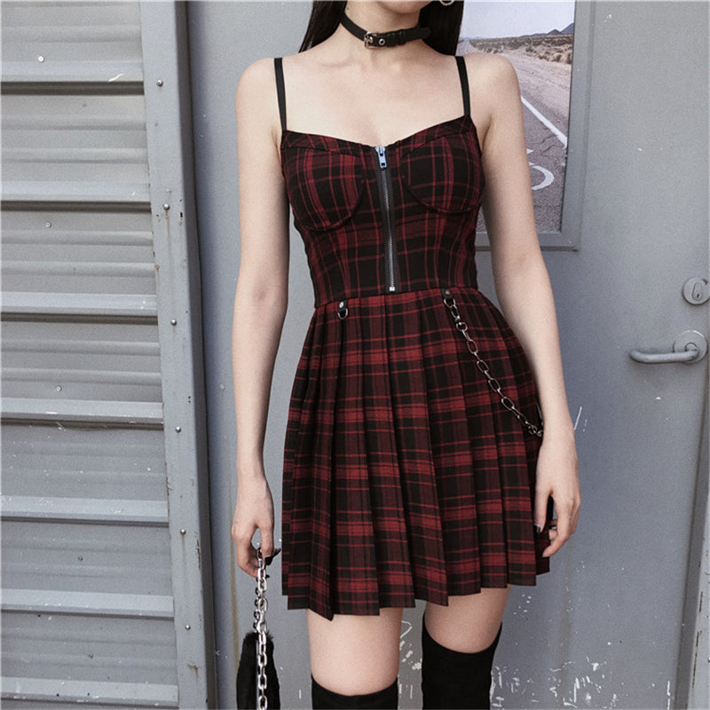 "RED BLACK PLAID PLEATED STRAP" DRESS D060503