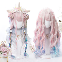 "PINK BLUE PURPLE MIXED GRADIENT LONG CURLY" WIG D051514