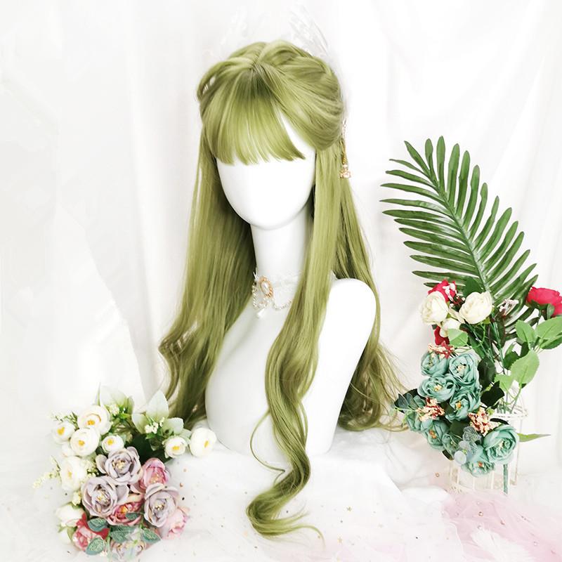[@punk__macarroni ]"FRUIT GREEN AIR BANGS BIG WAVY LONG CURLY" WIG D051511