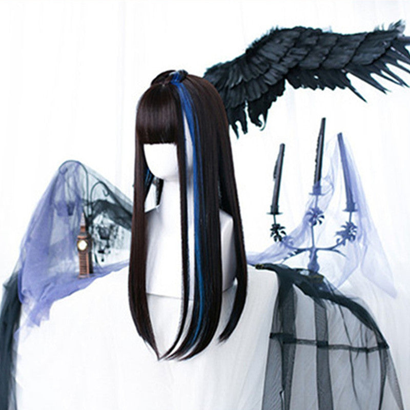 "BROWN BLACK DYED BLUE LONG STRAIGHT" WIG D071501
