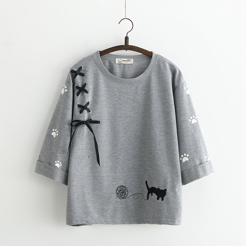 "CUTE CAT EMBROIDERY" T-SHIRT D072017
