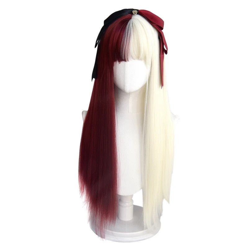 Half Black Half White/ Half Red Half Beige White Long Straight Wig D042013