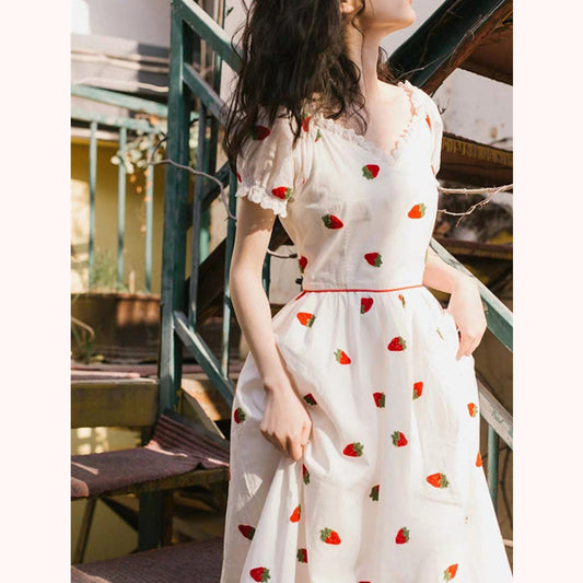 "STRAWBERRY EMBROIDERY V-NECK" DRESS D070309