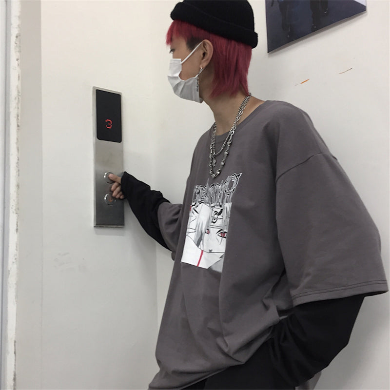 "ANIME STITCHING LONG-SLEEVED FAKE TWO" T-SHIRTS D070104