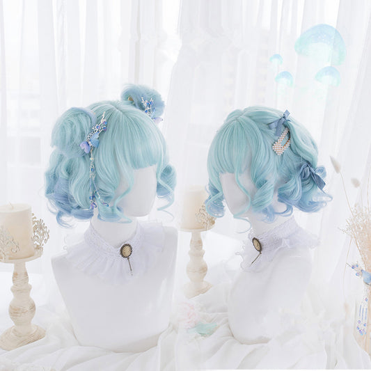 "MINT GREEN CURLY" SHORT WIG (WITH A PAIR OF BUNS) D041622