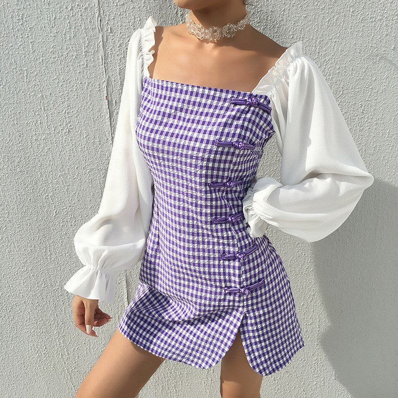 [@sonya_rudskaya ] "SQUARE NECK PURPLE GRID LONG SLEEVE CHEONGSAM" DRESS D042408