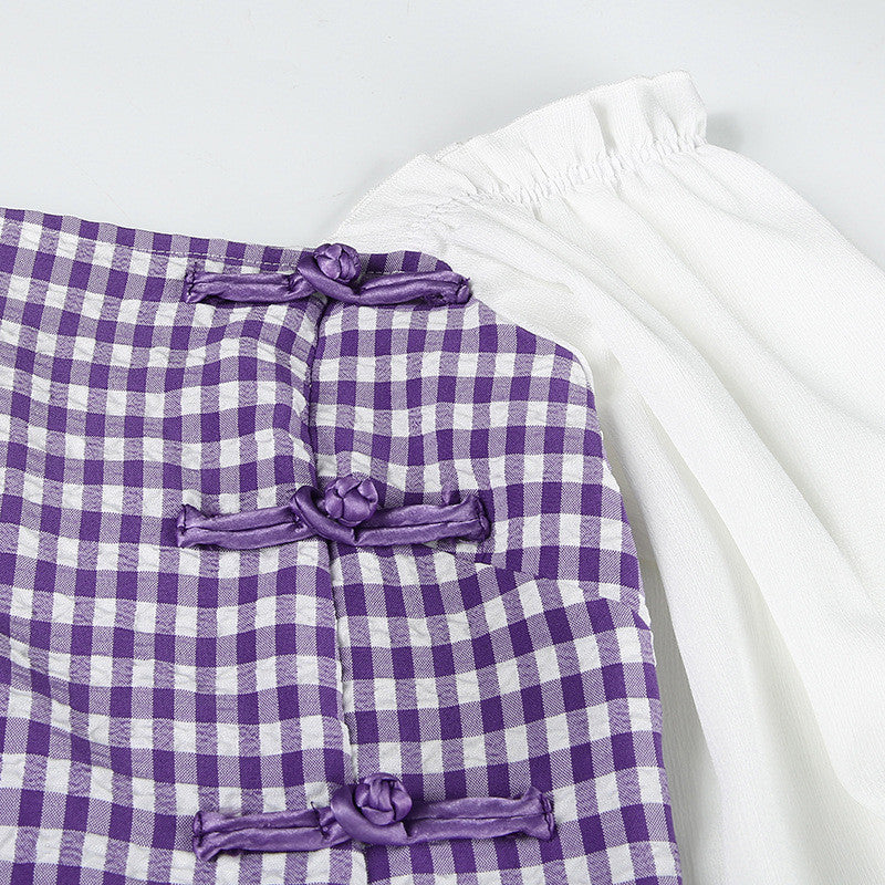 [@sonya_rudskaya ] "SQUARE NECK PURPLE GRID LONG SLEEVE CHEONGSAM" DRESS D042408