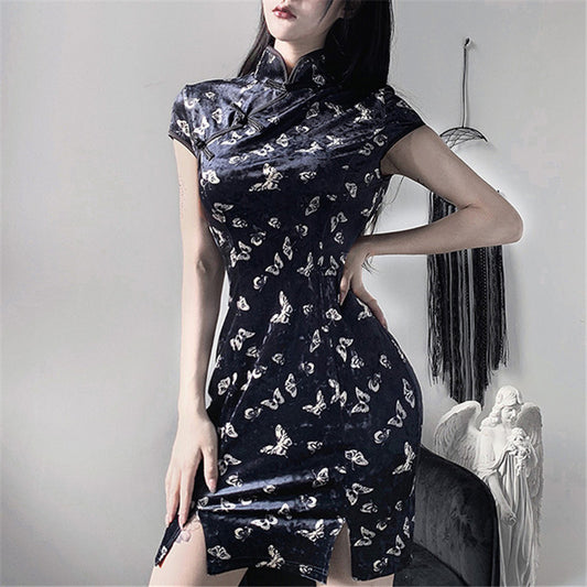 "RETRO BUTTERFLY PRINT CHEONGSAM" DRESS D070837