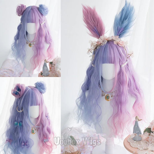 "BLUE PINK CANDY-COLOR LONG CURLY" WIG D051611