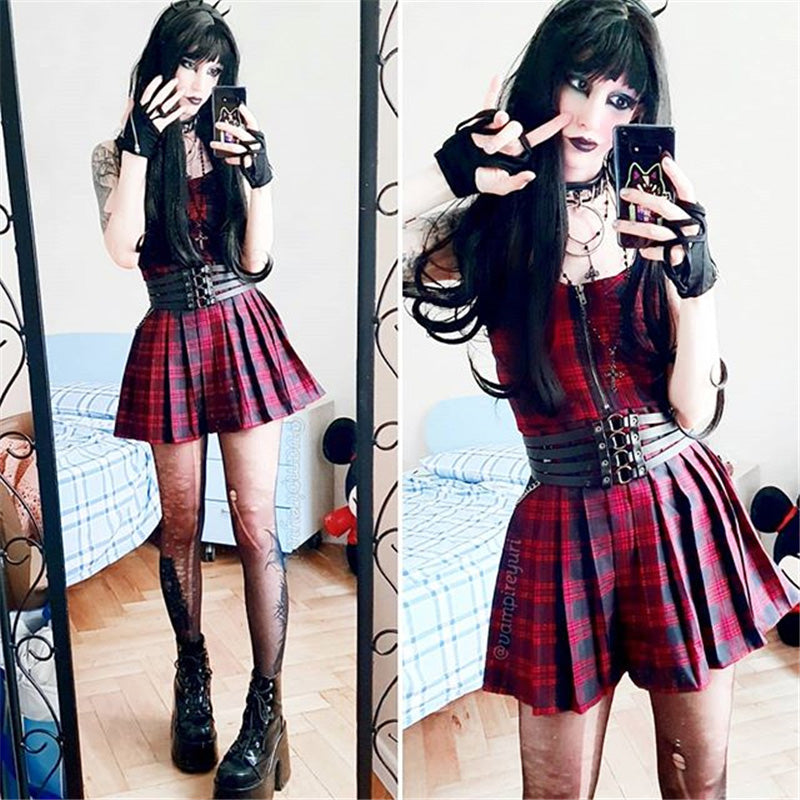 "RED BLACK PLAID PLEATED STRAP" DRESS D060503