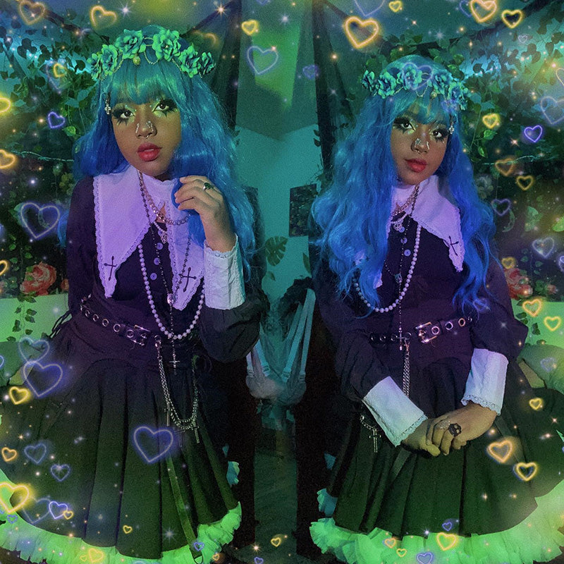 GOTHIC BLACK WHITE LACE STITCHING LACE DRESS UB2730